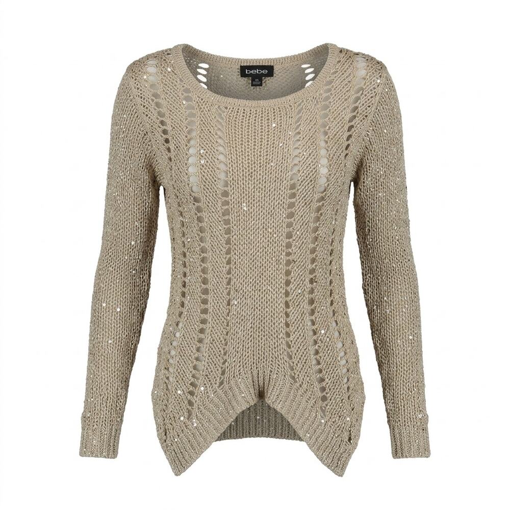 bebe Beige Sequin Scoop Neck Open Knit Lightweight Sweater Women Size XS